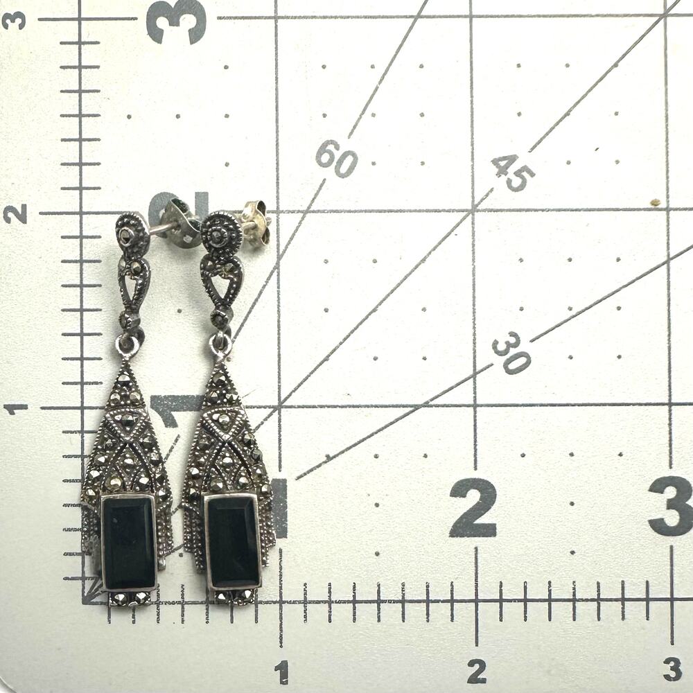 Art Deco Revival sterling silver genuine black onyx marcasite post drop earrings - Picture 9 of 10